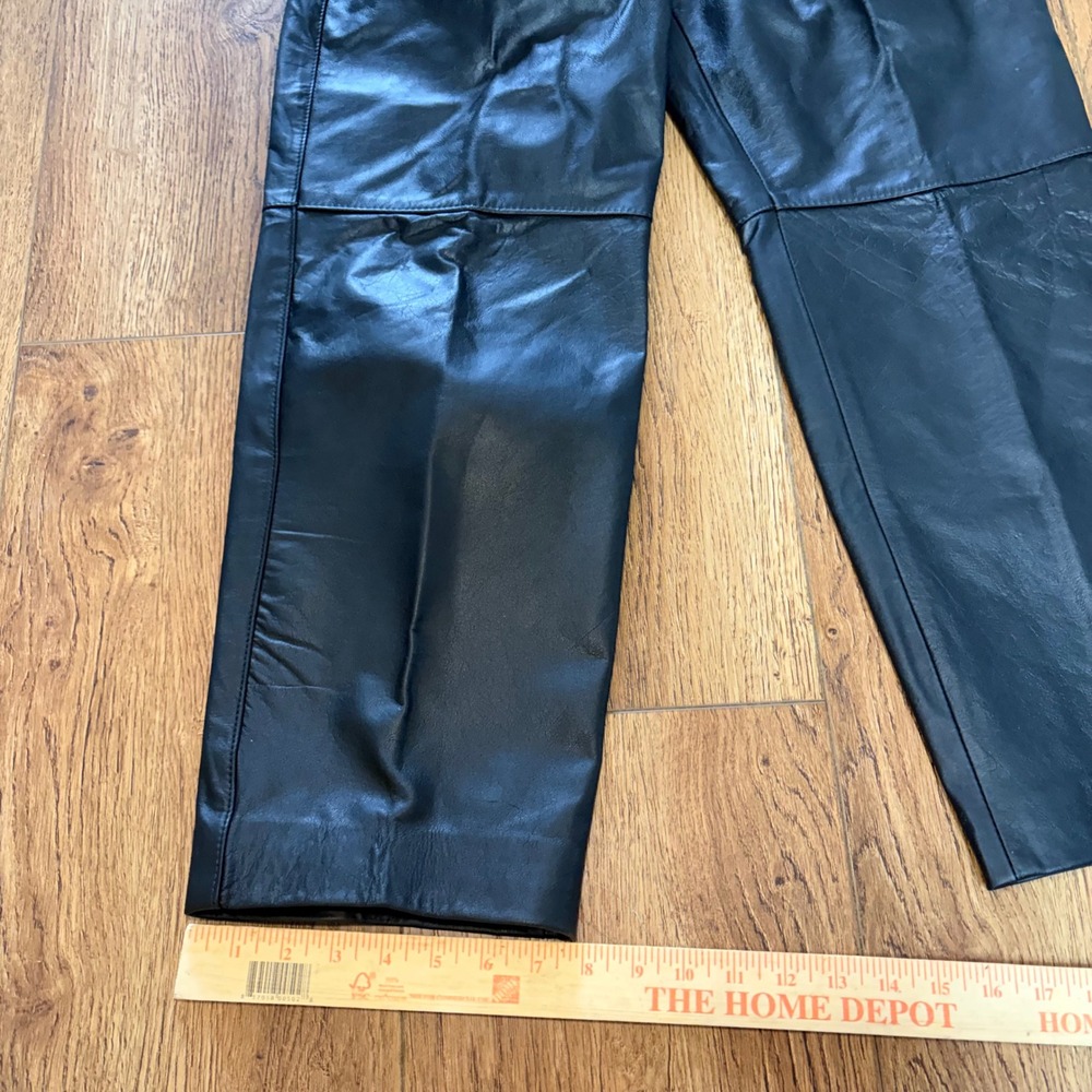 90s Comint Black Genuine Leather Pleated High Waist Pants Womens 25x27 moto boho - Picture 2 of 11
